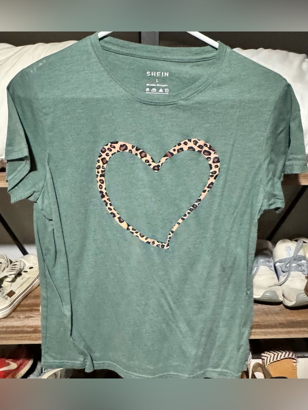 SHEIN Kids Sage Green Tee with Leopard Heart Graphic